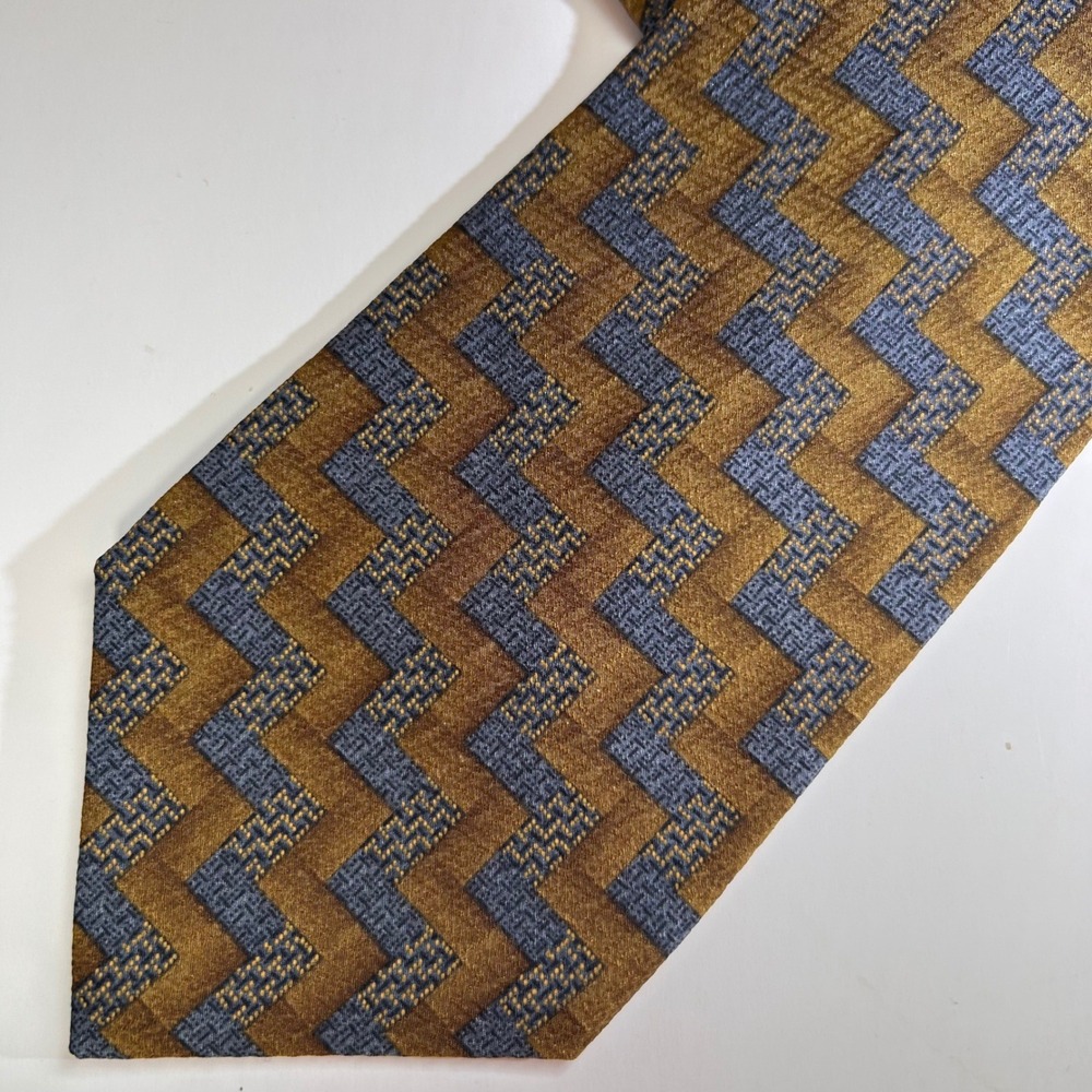 Vintage Calvin Klein Silk Tie Mens Gold Blue Geometric Chevron Made in USA 3.75"
